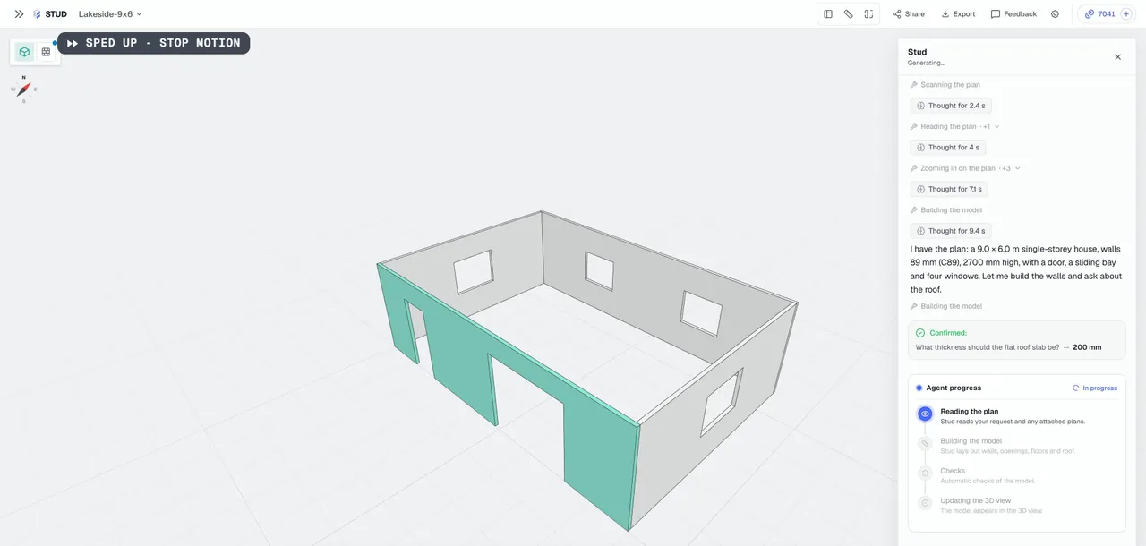 The walls built in 3D, and the agent's question about the roof answered: 200 mm