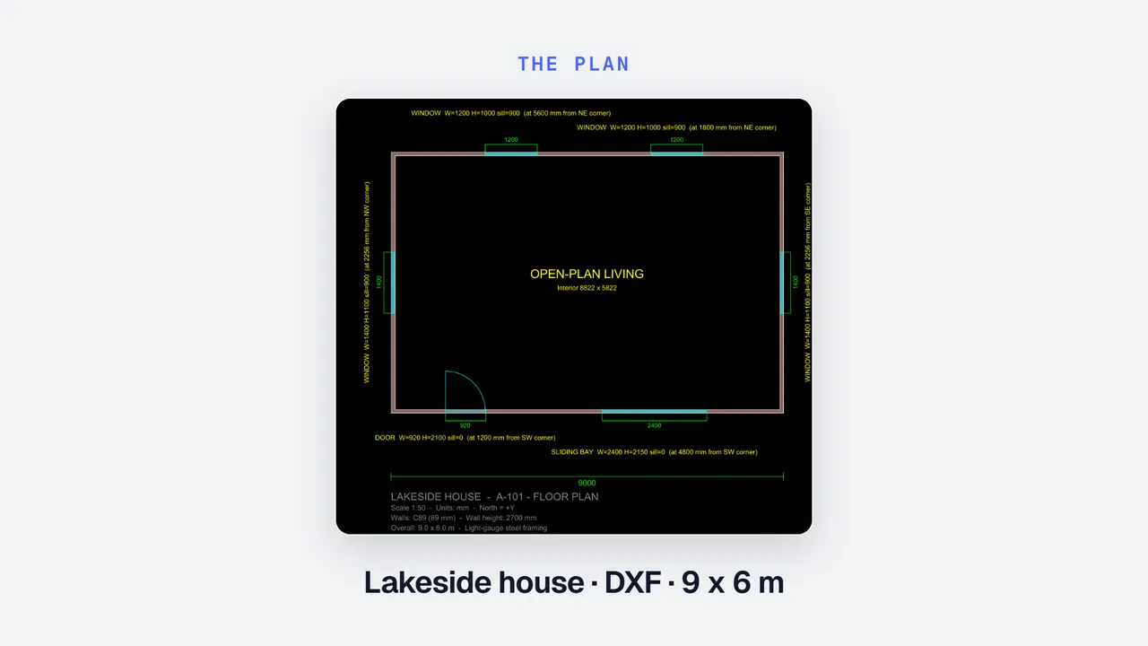 A DXF floor plan: the house outline, its openings and its dimensions