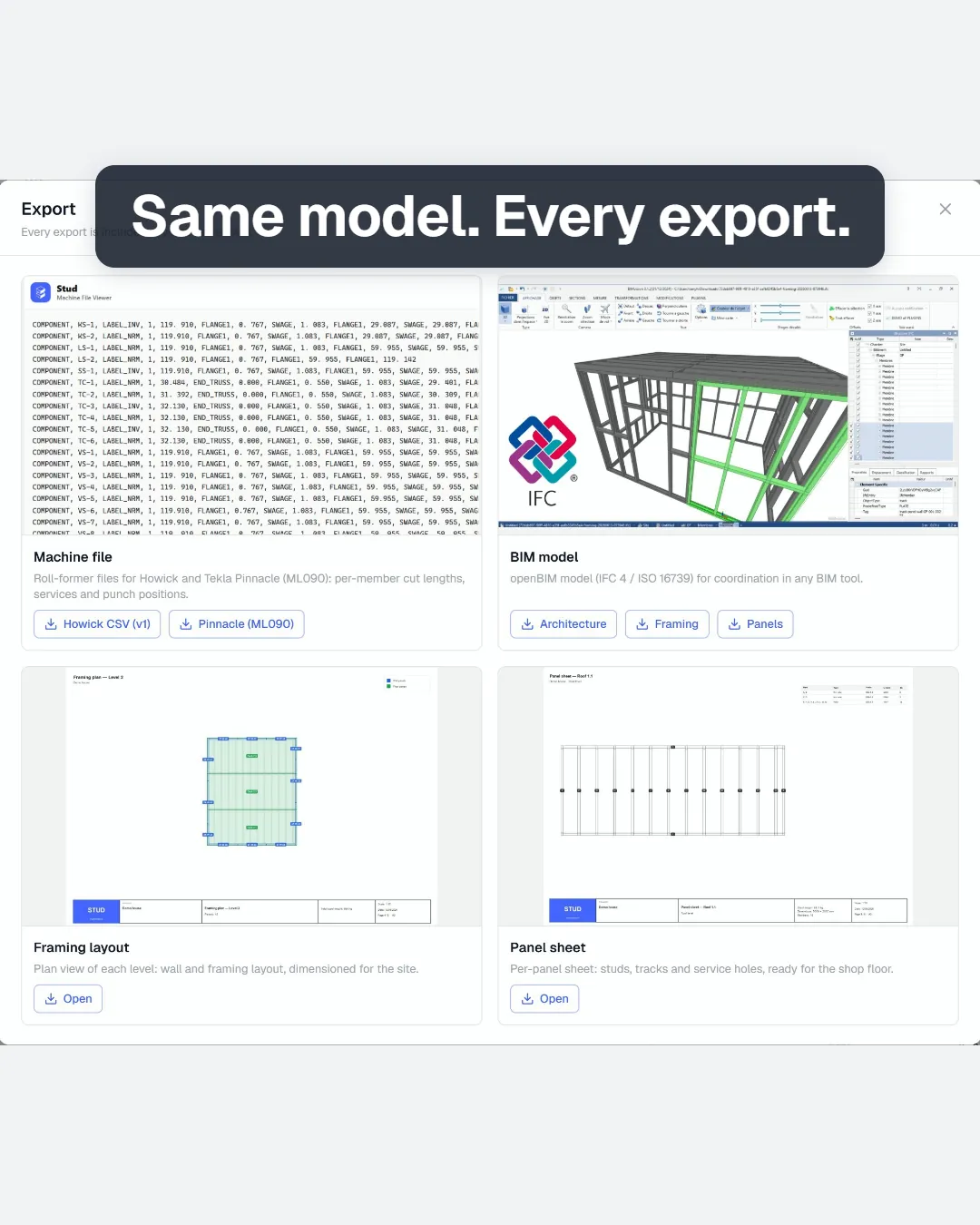 The Export window: machine file, IFC model, framing layout and panel sheet