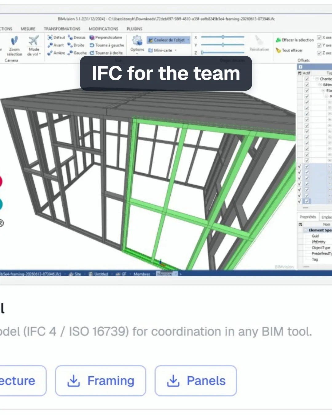 The framing IFC open in an IFC viewer