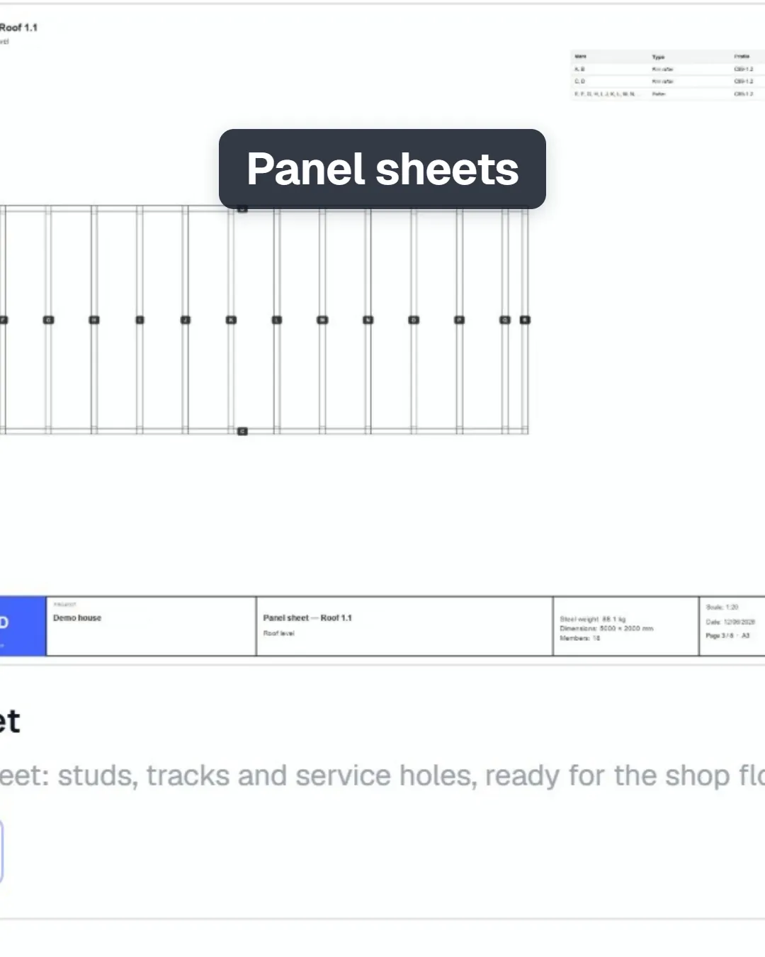 A panel sheet: the panel's studs and tracks with their marks