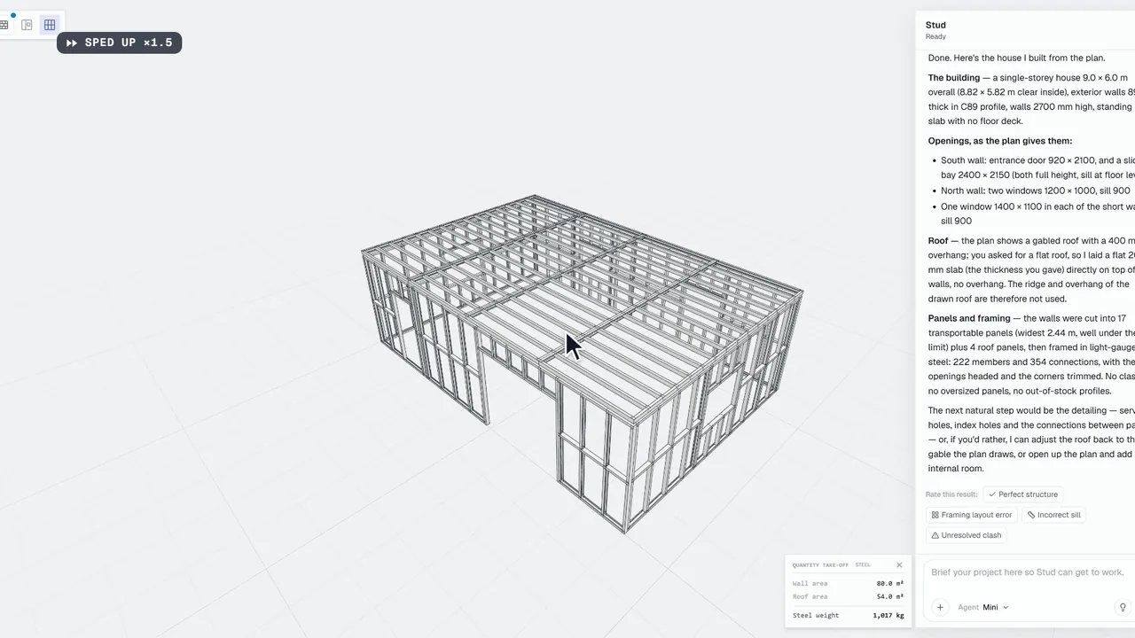 The finished house in 3D, with the agent's summary of what it read on the plan