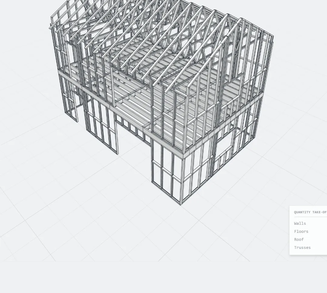 A two-storey light gauge steel frame with a gable roof, in Stud's 3D view