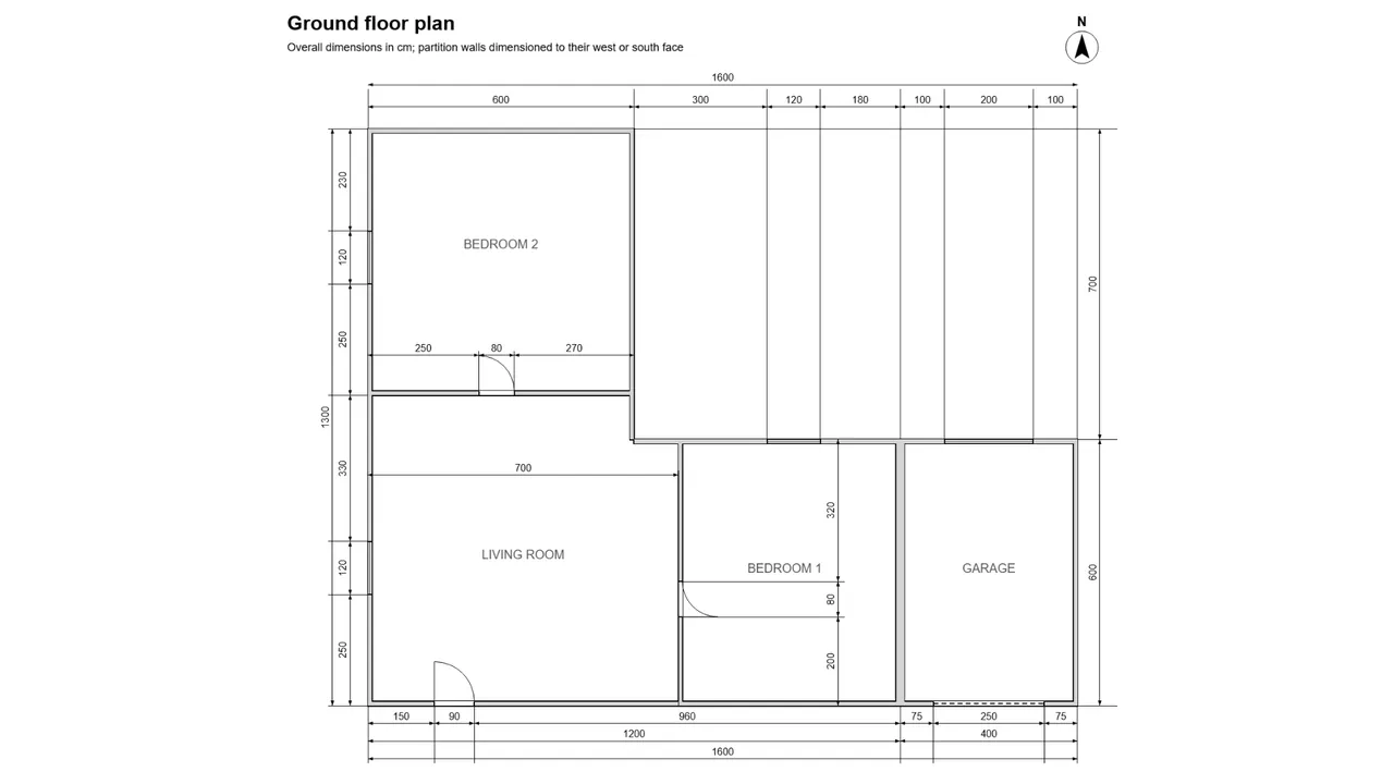 A dimensioned ground floor plan of an L-shaped house with a garage