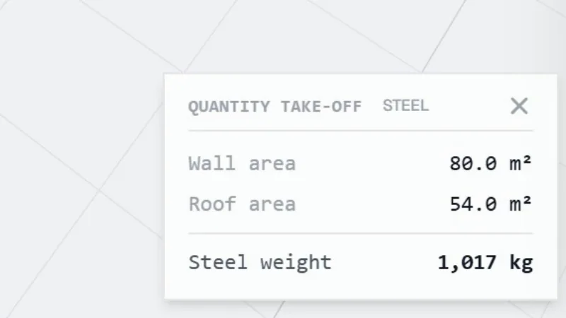 The take-off card of that run: wall area, roof area, steel weight